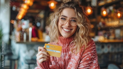Woman winking while clutching credit card. Generative Ai. photo