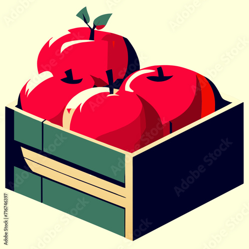 Red apples in a wooden box on a white background. Vector illustration. Generative AI