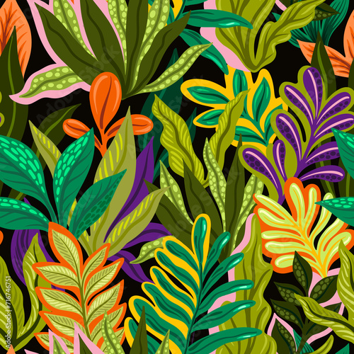 Seamless pattern with decorative tropical plants. Illustration for the design of fabric, wrapping paper, wallpaper and other.