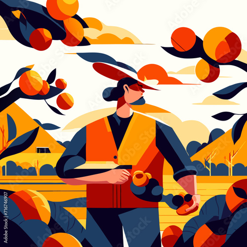 Vector illustration of farmer or agronomist working in orchard, harvesting ripe apples, harvesting season concept generative AI