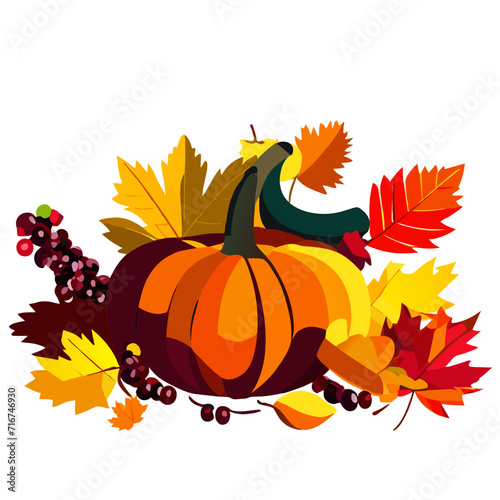 Pumpkin and autumn leaves on a white background. Vector illustration generative AI