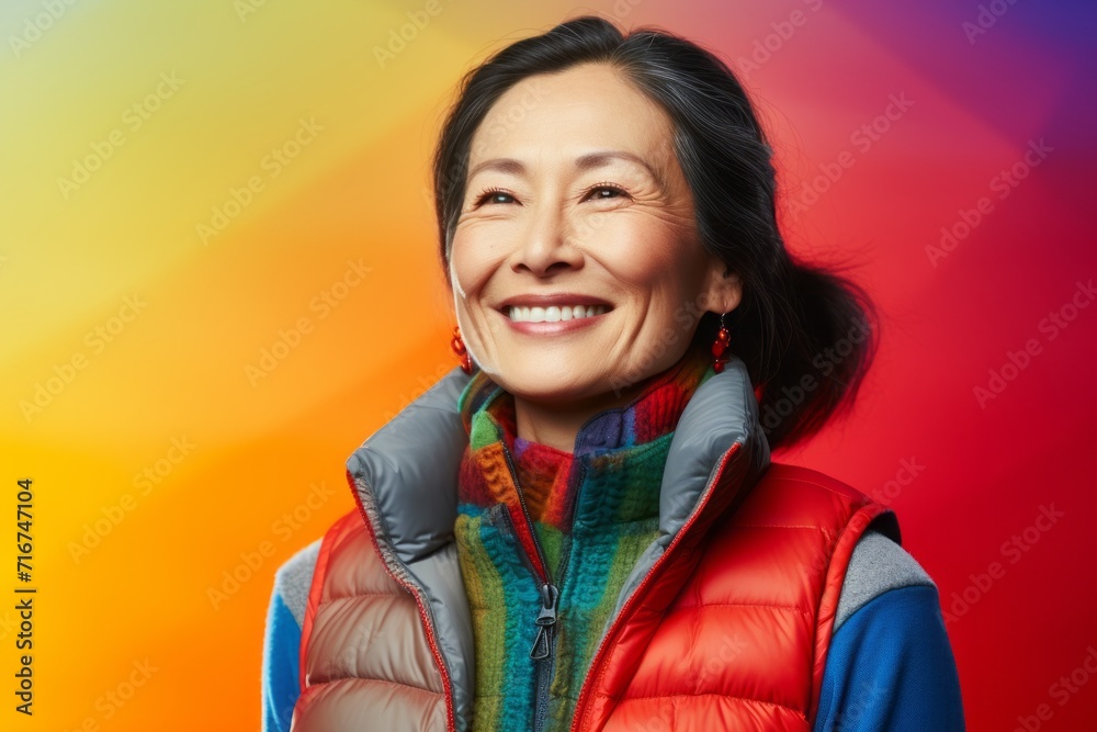 Portrait of a smiling asian woman in her 40s dressed in a thermal insulation vest against a soft multicolor background. AI Generation Portrait of a smiling asian woman in her 40s dressed in a thermal insulation vest against a soft multicolor background. AI Generation