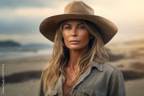Portrait of a tender woman in her 40s wearing a rugged cowboy hat against a sandy beach background. AI Generation