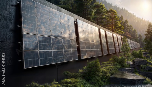 Solar panels installed on the wall of a building in the forest.