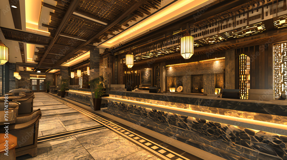 Refined Elegance: Luxurious Hotel Lobby with Stylish Decor and Modern Architecture