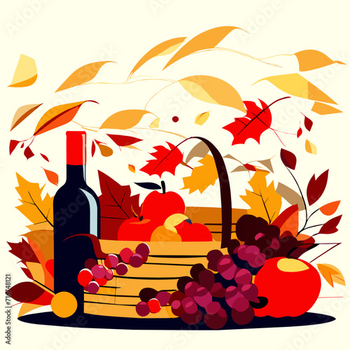 Autumn still life with a basket of fruits and wine. Vector illustration. AI Generated