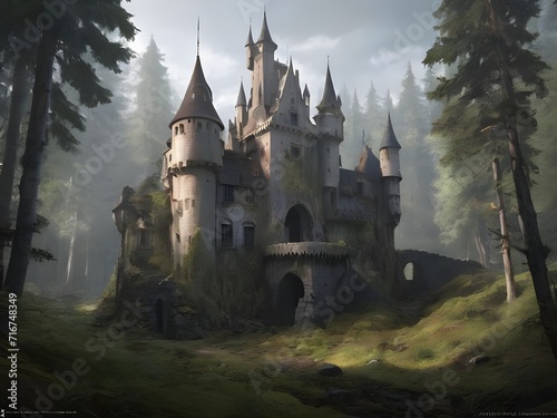 Abandoned castle in the forest. Generative AI