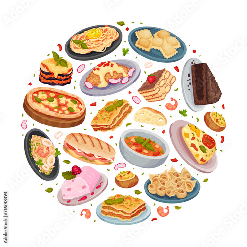 Italian Food Cuisine Round Composition Design with Tasty Dish Vector Template