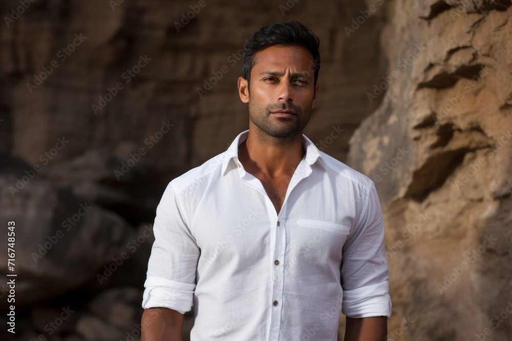 Portrait of a tender indian man in his 30s wearing a simple cotton shirt against a rocky cliff background. AI Generation Portrait of a tender indian man in his 30s wearing a simple cotton shirt against a rocky cliff background. AI Generation