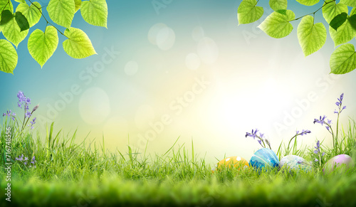 Obraz na płótnie Three painted easter eggs in a birds nest celebrating a Happy Easter on a spring day with a green grass meadow, tree leaves and blurred grass foreground and bright sunlight background with copy space. w salonie