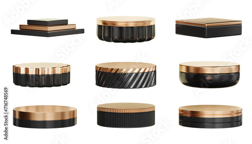 Black and gold podium set pack isolated background 3d rendering without AI generated