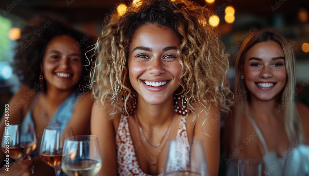 Diverse smiling women friends enjoying wine at an indoor wine tasting, attractive cute face, light makeup, fun smile expression. Party celebration success. Hen party, maidenly, girlish.