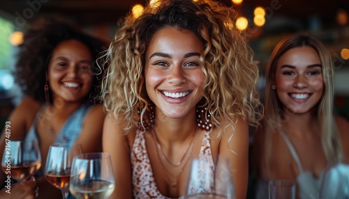 Diverse smiling women friends enjoying wine at an indoor wine tasting  attractive cute face  light makeup  fun smile expression. Party celebration success. Hen party  maidenly  girlish.