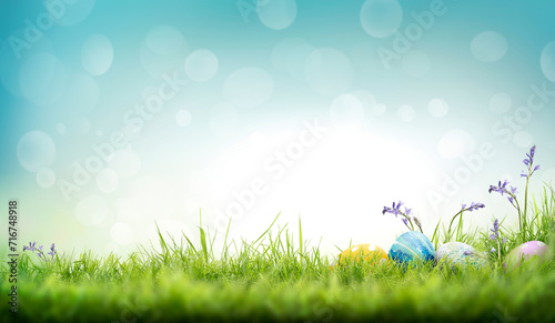 Obraz na płótnie Painted easter eggs in the grass and bluebells celebrating a Happy Easter on a spring day with a green grass meadow and blurred grass foreground and bright blue sunlight background with copy space. w salonie