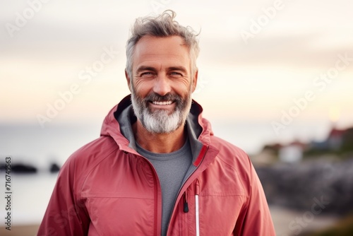 Portrait of a smiling man in his 50s wearing a functional windbreaker against a serene seaside background. AI Generation