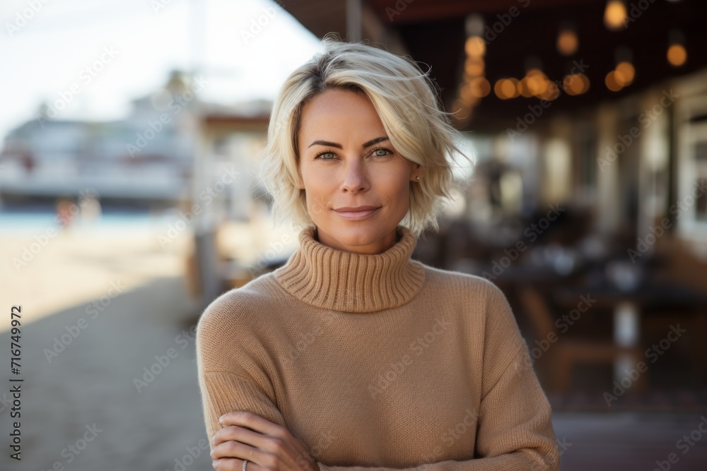 Portrait of a content woman in her 40s wearing a classic turtleneck sweater against a bustling beach resort background. AI Generation