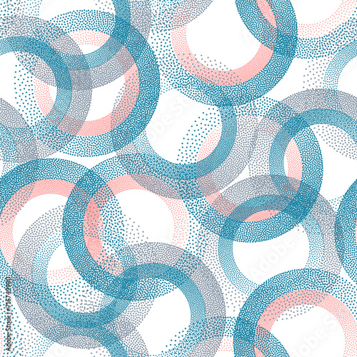 Circle ring shapes of dots contemporary vector seamless pattern.