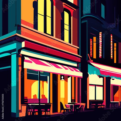 Illustration of a street cafe in the evening. Vector illustration. Generative AI