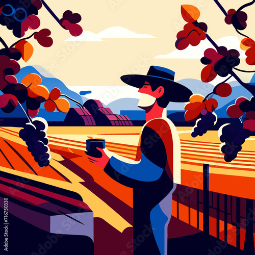 Vector illustration of a farmer standing on the terrace and holding a cup of coffee Generative AI
