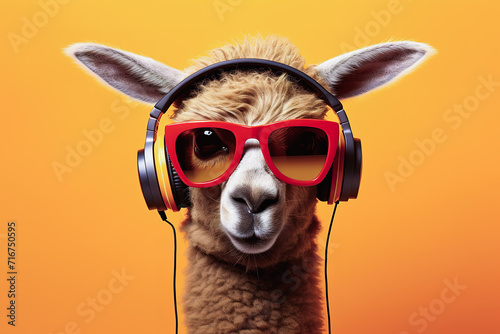 camel listens to music with trendy sunglasses on a yellow background