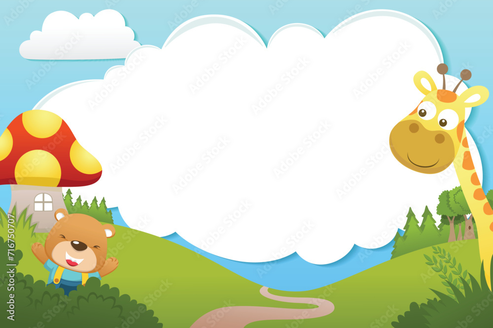 Frame template cartoon with cute animals. Bear and giraffe on nature background Frame template cartoon with cute animals. Bear and giraffe on nature background