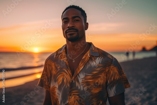 Portrait of a satisfied afro-american man in his 30s donning a trendy cropped top against a stunning sunset beach background. AI Generation