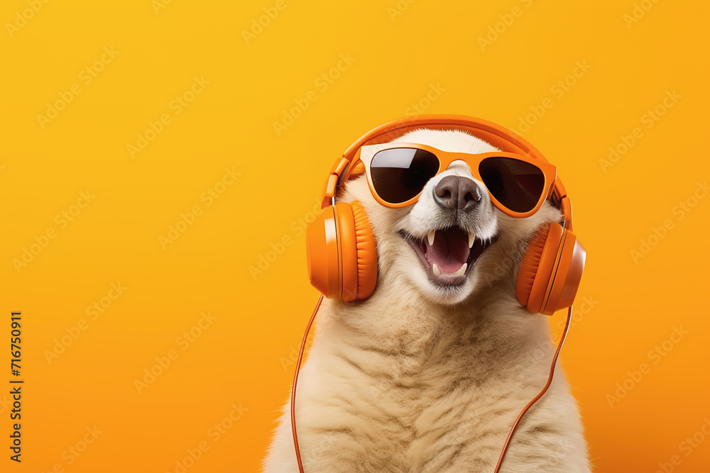 cheerful dog listens to music with trendy sunglasses on a yellow background - obrazy, fototapety, plakaty 