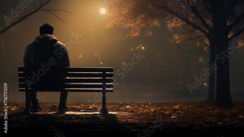 A solitary figure sitting on a bench, staring into the distance with hollow eyes