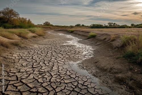 The barren landscape of a drought-stricken riverbed, with cracked mud and parched plants, under a cloud-filled sky, paints a picture of nature's struggle for survival