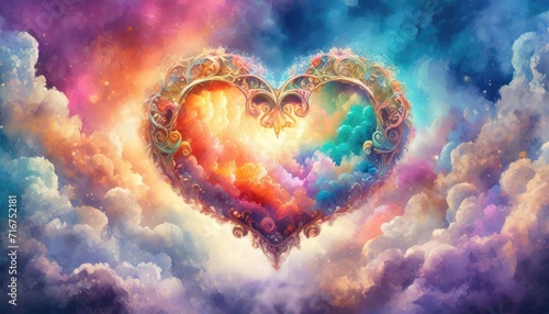 Beautiful colorful valentine day heart in the clouds background © XtzStudio