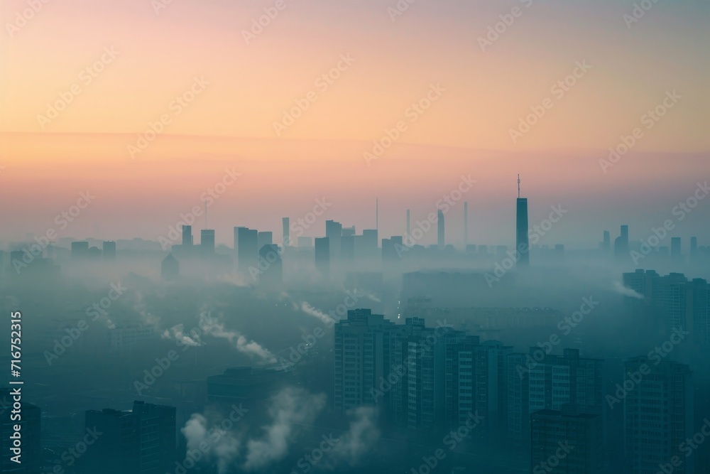 As the sun rises, a cityscape shrouded in fog and smoke emerges, its towering skyscrapers and urban landscape engulfed in a haze of mystery and possibility