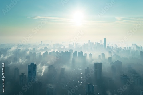The hazy sunrise casts a mysterious aura over the urban metropolis, its towering skyscrapers emerging from the fog to create a striking cityscape against the cloudy sky