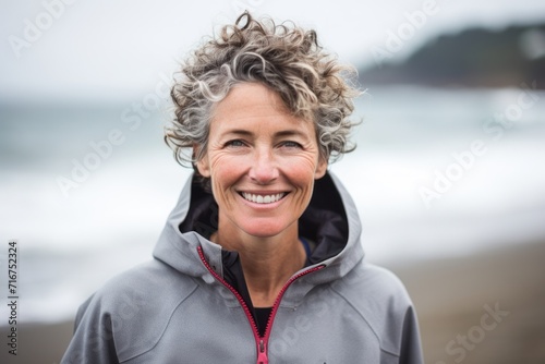 Portrait of a grinning woman in her 50s wearing a thermal fleece pullover against a crashing waves background. AI Generation © CogniLens