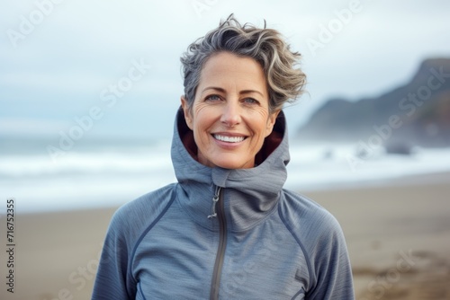 Portrait of a grinning woman in her 50s wearing a thermal fleece pullover against a crashing waves background. AI Generation © CogniLens