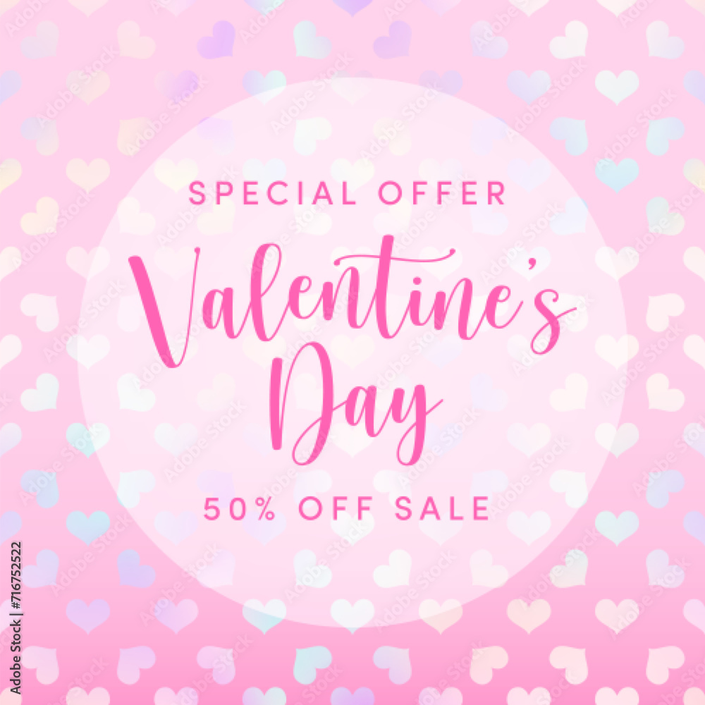 Valentines Day sale banner. Vector square social media poster design. Valentine's day marketing template with trendy holographic heart on pink background. Cute love shopping promotion concept