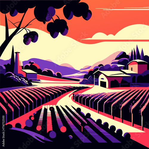 Rows of vineyards in Tuscany. Vector illustration. Generative AI