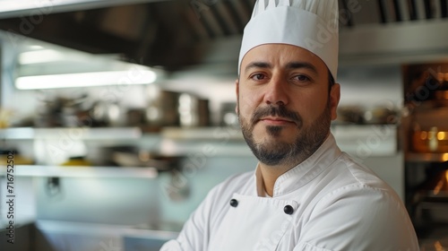 A distinguished man, with a human face and a thick beard, stands confidently in his indoor kitchen wearing a chef's uniform and hat, ready to showcase his culinary skills as the chief cook of a bustl