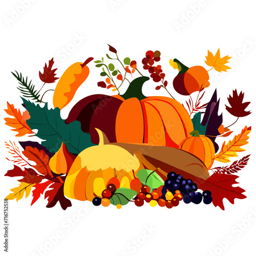 Autumn background with pumpkins  leaves and berries. Vector illustration. Generative AI