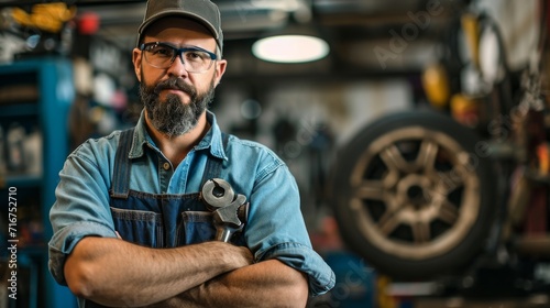 A rugged mechanic with a thick beard and a determined look fixes a broken wheel indoors, his glasses perched on his nose and his shirt sleeves rolled up photo