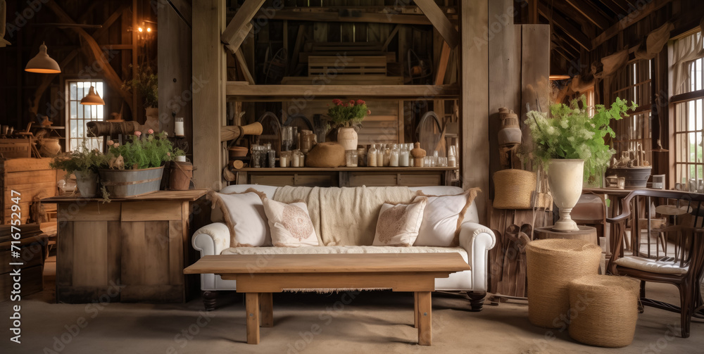 Vintage barn interior with cozy sofa and rustic home accessories