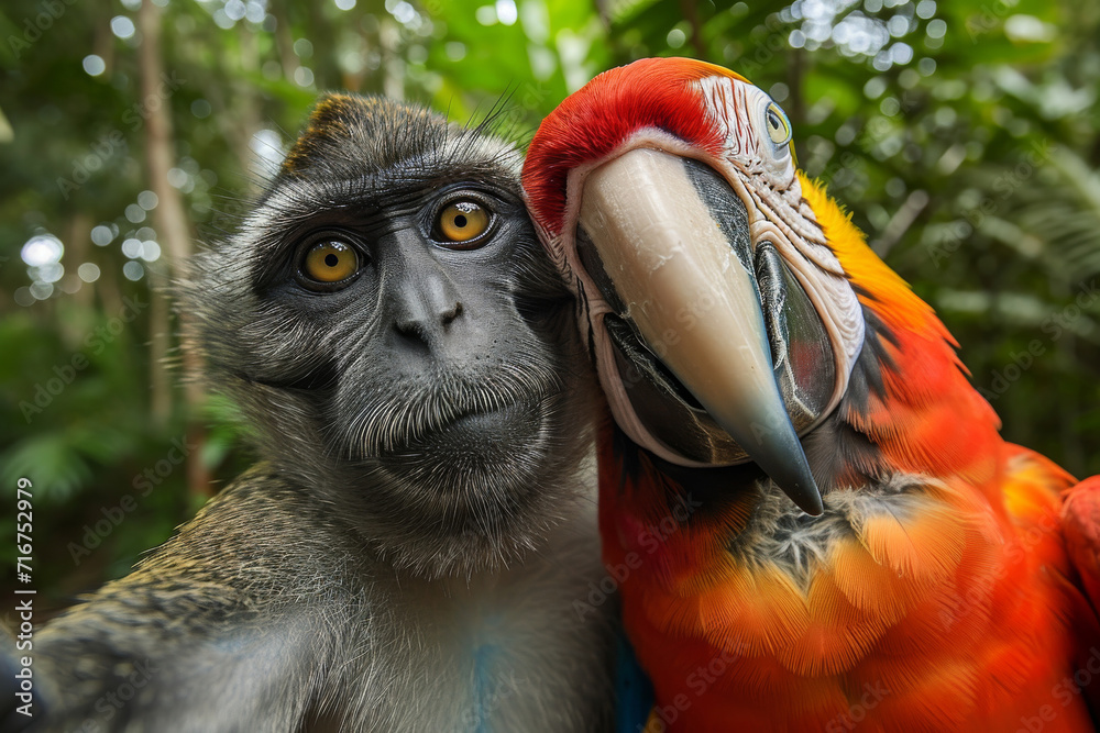 Fototapeta premium A vibrant macaw perched on a tree branch gazes curiously at a mischievous monkey, their contrasting colors creating a harmonious display of nature's beauty and playfulness