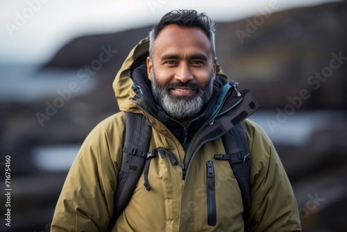 Portrait of a grinning indian man in his 40s donning a durable down jacket against a rocky shoreline background. AI Generation © CogniLens
