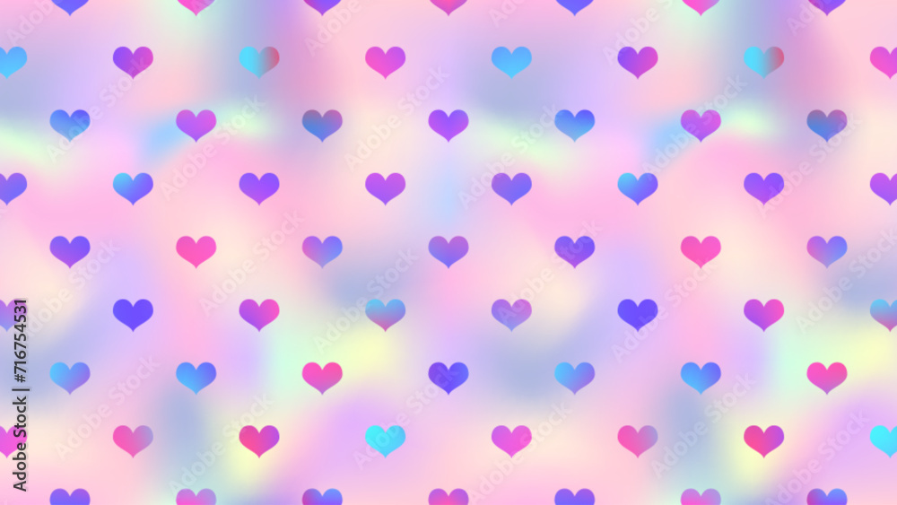 Cute holographic pink heart background. Vector love hearts neon texture on soft pink gradient background. Valentines day iridescent wallpaper, trendy abstract minimal design.