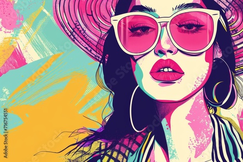 A vibrant and stylish woman sporting pink sunglasses and a hat stands out in a beautifully detailed illustration that captures the essence of human expression and fashion