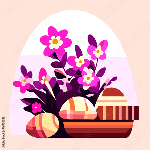 Easter eggs and spring flowers in basket flat vector illustration. Happy Easter concept. Generative AI © BOXS