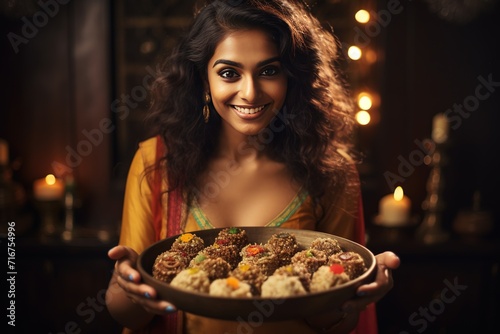 Indian woman holding sweet meal or laddoo thali