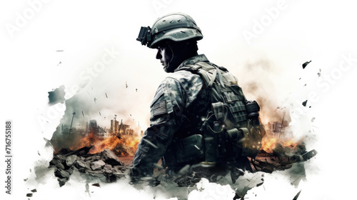 Double-exposure photo of a military man and a destroyed city on a background with spaces for copying. Generative AI