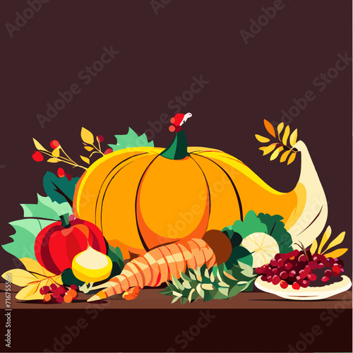 Thanksgiving day vector illustration with pumpkins, apples, carrots and berries generative AI