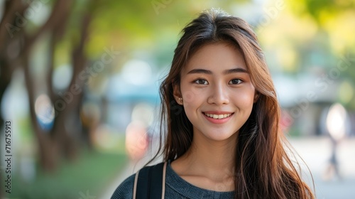 Asian female student, attractive, in campus picture. Generative Ai.