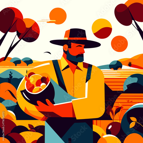 Farmer with a basket of apples in his hands. Vector illustration AI Generated
